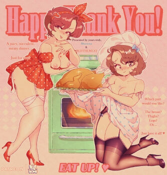 2girls :p arm_under_breasts artist_logo asymmetrical_bangs black_shoes blue_bow blue_dress blue_eyes bluesona_(bluethebone) bluethebone blush bone_hair_ornament bow breasts breasts_out brown_garter_straps brown_hair brown_thighhighs check_clothing chef_hat cleavage closed_mouth clothing_request collarbone commentary curly_hair dress earrings english_commentary english_text food garter_straps glint hair_bow hair_ornament hairband half-closed_eyes hand_on_own_chest hat heart-shaped_mole high_heels highres holding holding_towel holding_tray jewelry kneeling leaning_on_object let's_draw_short-haired_hinanawi_tenshi limited_palette logo meat_hair_ornament medium_breasts mole mole_on_breast multiple_girls nipple_slip nipples nose_blush original outline oven patreon_logo pearl_earrings pink_background polka_dot polka_dot_bow polka_dot_dress polka_dot_hairband raised_inner_eyebrows red_bow red_dress red_eyes red_hairband red_shoes redthemeat_(bluethebone) retro_artstyle see-through_clothes see-through_thighhighs shoes simple_background sleeveless sleeveless_dress smile take_your_pick thighhighs tongue tongue_out towel tray turkey_(food) v-shaped_eyebrows white_bow white_dress white_garter_straps white_hairband white_hat white_outline white_thighhighs