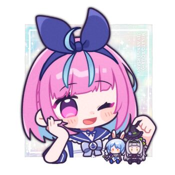 1girl ahoge animal_ears anniversary aqua_hair arched_bangs bare_arms black_capelet black_skirt blue_bow blue_hair blue_sailor_collar blunt_bangs blush_stickers bow bow_hairband capelet carrot_hair_ornament chibi collar colored_inner_hair doll dress english_text food-themed_hair_ornament frilled_collar frills fur_scarf grey_hair hair_bun hair_ornament hairband hand_rest hat highres holding holding_unworn_clothes holding_unworn_hat hololive long_hair midriff minato_aqua minato_aqua_(sailor) multicolored_hair murasaki_shion murasaki_shion_(1st_costume) nekotaririn official_alternate_costume official_alternate_hairstyle one_eye_closed pink_bow purple_eyes purple_hair rabbit_ears rabbit_girl sailor_collar short_hair single_side_bun skirt sleeveless sleeveless_dress sleeves_rolled_up solo swept_bangs twintails unworn_hat unworn_headwear usada_pekora usada_pekora_(1st_costume) very_long_hair virtual_youtuber white_background white_dress witch witch_hat yellow_eyes