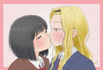 2girls black_hair black_hairband blonde_hair blue_jacket blush border bow bowtie brown_jacket closed_eyes commentary hairband highres jacket kirarazaka_marina kiss kuze_shizuka long_hair massa79 multiple_girls pink_background pink_border red_bow red_bowtie scar scar_on_face school_uniform short_hair takopii_no_genzai yellow_eyes yuri