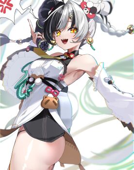 1girl animal_print bare_shoulders bear_print black_hair braid braided_twintails chakram china_dress chinese_clothes corded_phone detached_sleeves dialyn_(zenless_zone_zero) dress earrings hair_extensions hair_ornament highres jewelry kamiya_mitobe long_hair multicolored_hair multicolored_nails necktie open_mouth panda_hair_ornament panda_print phone ring_hair_extensions solo split-color_hair weapon white_hair wire yellow_eyes yellow_necktie zenless_zone_zero