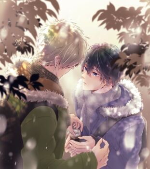 2boys absurdres arms_up blue_eyes blue_hair blue_jacket blush brown_hair can commentary_request double-parted_bangs drink_can free! fur-trimmed_hood fur_trim green_jacket grey_scarf hair_between_eyes highres holding holding_can hood hood_down jacket long_sleeves looking_at_another male_focus multiple_boys nanase_haruka_(free!) open_clothes open_jacket outdoors scarf soda_can standing tachibana_makoto tree tsuiri_siroiro upper_body yaoi