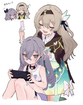 2girls aqua_skirt aqua_thighhighs black_hairband brown_eyes brushing_another's_hair brushing_hair cropped_jacket drill_hair firefly_(honkai:_star_rail) grey_hair hair_between_eyes hair_down hairband handheld_game_console highres holding holding_brush holding_handheld_game_console honkai:_star_rail honkai_(series) jacket long_hair multiple_girls navel neckerchief no_jacket orange_neckerchief shirt silver_wolf_(honkai:_star_rail) single-shoulder_shirt skirt smile thighhighs translation_request tukuti