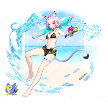 1girl absurdres ahoge animal_ears armpits bangs_pinned_back bare_arms bare_legs bare_shoulders barefoot bikini black_bikini blue_eyes bow breasts camouflage camouflage_bikini camouflage_shorts cat_ears cat_girl cat_tail commentary_request extra_ears full_body green_bikini green_shorts hair_bow heart heart_o-ring highres holding holding_water_gun indie_virtual_youtuber leone_(kamina0205) looking_at_viewer medium_breasts mole mole_under_eye mole_under_mouth navel o-ring open_fly pointy_ears purple_hair short_hair short_shorts shorts skindentation solo stomach strap_gap string_bikini swimsuit tail thigh_strap thighs virtual_youtuber water_gun