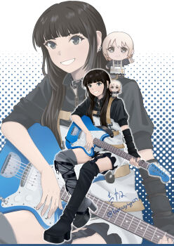 Rule 34 | 1girl, arm warmers, black arm warmers, black boots, black eyes, black hair, boots, chibi, commentary request, earrings, electric guitar, fantasy6gp677, flower stand art, girls band cry, guitar, highres, instrument, jewelry, kawaragi momoka, open mouth, single arm warmer, smile, thigh boots, voice actor, voice actor connection, yuri (voice actor), zoom layer