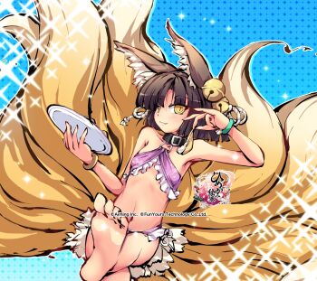 1girl animal_ear_fluff animal_ears barefoot bell belt bikini black_belt black_collar black_hair breasts closed_mouth collar collarbone commentary_request company_name copyright_logo copyright_name copyright_notice fang flat_chest food fox_ears fox_girl fox_tail hair_bell hair_ornament halterneck hand_up highres himegami_kagura holding holding_food holding_plate leg_up logo looking_at_viewer ms06s multiple_tails navel o-ring o-ring_bikini official_art plate purple_bikini smile soles solo string_bikini swimsuit tail tamamonomae_(himegami_kagura) tsurime yellow_eyes