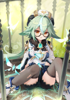 Rule 34 | 1girl, absurdres, anemo symbol (genshin impact), animal ears, black shorts, black thighhighs, breasts, commentary request, genshin impact, glasses, green hair, hat, highres, holding, holding vial, long hair, looking at viewer, magic circle, medium breasts, ntmy4332, open mouth, original, ponytail, shoes, shorts, sitting, solo, sucrose (genshin impact), thighhighs, vial, white hat, white shoes, yellow eyes