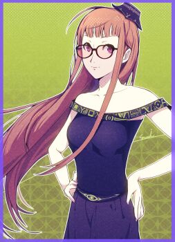1girl ahoge bare_shoulders black-framed_eyewear black_shirt black_skirt blunt_bangs border breasts brown_hair closed_mouth collarbone corner50777313 glasses green_background hands_on_own_hips hat highres long_hair looking_at_viewer medium_breasts mini_hat off-shoulder_shirt off_shoulder persona persona_5 purple_border purple_eyes sakura_futaba shirt skirt smile solo very_long_hair