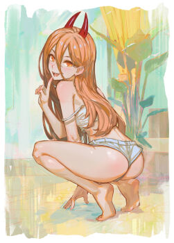 1girl ass barefoot chainsaw_man highres horns long_hair looking_at_viewer micro_shorts orange_eyes orange_hair plant potted_plant power_(chainsaw_man) shirt shorts smile solo squatting white_shirt white_shorts yugen99