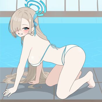1girl absurdres all_fours arm_support ass asuna_(blue_archive) bikini blonde_hair blue_archive blue_eyes blue_halo breasts commentary english_commentary eyelashes eyeshadow full_body grin hair_over_eyes halo highres large_breasts long_hair looking_at_viewer makeup one_eye_covered pool poolside red_eyeshadow smile solo swimsuit thejx_063 thighs very_long_hair water white_bikini
