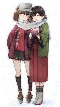 2girls black_socks blue_ribbon brown_hair brown_skirt closed_eyes dotera dougi folded_ponytail full_body grey_scarf hair_ribbon hakama hakama_skirt japanese_clothes kantai_collection kasuga_maru_(kancolle) kneehighs long_hair looking_to_the_side mittens multiple_girls open_mouth pink_mittens pleated_skirt red_hakama ribbon ryuujou_(kancolle) scarf shared_clothes shared_scarf sharing simple_background skirt socks taiyou_(kancolle) twintails visor_cap white_background yamashichi_(mtseven)