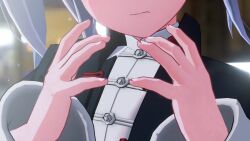 1girl 3d animated black_jacket blinking blurry blurry_background chinese_clothes eyeshadow fang female_focus grey_hair hairdressing heart heart_hands highres jacket leedoppo makeup open_clothes open_jacket original own_hands_together parted_lips skin_fang snowing solo tangzhuang twintails video yellow_eyes