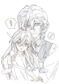 Rule 34 | !, 1boy, 1girl, absurdres, aged down, animusphere-0, armpit carry, blush, braid, braided ponytail, chinese commentary, commentary request, fate/grand order, fate (series), father and daughter, grey eyes, hair between eyes, hair over shoulder, highres, long hair, long sleeves, looking at viewer, marisbury animusphere, musical note, necktie, olga marie animusphere, open mouth, shirt, short sleeves, simple background, single braid, smile, spoken exclamation mark, spoken musical note, upper body, white background, white hair, yellow eyes