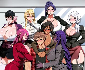 Rule 34 | 1boy, 6+girls, alternate costume, aoi kiriko, breasts, cattleya (queen's blade), cleavage, crossover, dark-skinned female, dark skin, fate/grand order, fate (series), harem, highres, highschool of the dead, huge breasts, jadenkaiba, long hair, marikawa shizuka, minamoto no raikou (fate), multiple girls, office lady, original, queen's blade, rwby, scheherazade (fate), willow schnee