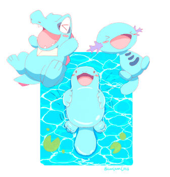&gt;_&lt; afloat blush_stickers caustics closed_eyes commentary_request gen_2_pokemon lily_pad lying nintendo no_humans on_back open_mouth pokemon pokemon_(creature) quagsire smile totodile waniwani_(hyda7523) water wooper