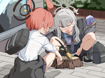 2girls ahoge armband bag beetle black_halo black_shoes black_skirt blank_eyes blue_archive blue_shirt bug clothes_around_waist commentary_request grey_hair grey_halo grey_jacket halo hawaiian_shirt hoshiya_takahito huge_ahoge insect jacket jacket_around_waist konoka_(blue_archive) long_hair long_sleeves multiple_girls neru_(blue_archive) neru_(school_uniform)_(blue_archive) official_alternate_costume open_clothes open_jacket open_mouth orange_hair outdoors panties pantyshot pleated_skirt purple_armband reflection school_bag school_uniform shirt shoes short_hair skirt smile sneakers squatting tree_stump underwear untied_shoelaces white_panties white_shirt