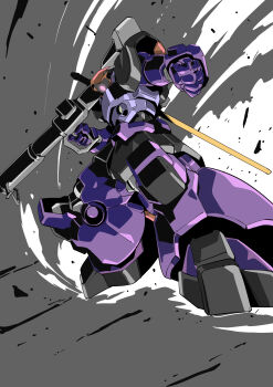absurdres bazooka_(gundam) clenched_hand commentary cooking_corporation debris dom_(mobile_suit) dust_cloud energy_sword gundam highres holding holding_weapon mecha mecha_focus mobile_suit mobile_suit_gundam niidan no_humans one-eyed purple_eyes robot science_fiction solo standing sword weapon