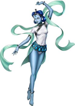 Rule 34 | 1girl, anklet, apsaras (megami tensei), artist request, blue hair, blue skin, bracelet, breasts, colored skin, covered navel, demon (megami tensei), earrings, forehead jewel, green eyes, highres, jewelry, leotard, metal anklet, metal bracelet, official art, persona, persona 5, persona 5: the phantom x, shin megami tensei, sleeved leotard, solo, third-party source, transparent background, white leotard