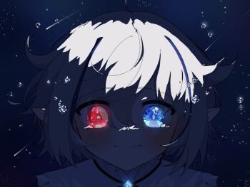 Rule 34 | 1girl, ahoge, blue eyes, blue hair, blush, bright pupils, commentary, frilled shirt collar, frills, glowing, glowing eyes, glowing gem, glowing neckwear, heterochromia, highres, indie virtual youtuber, looking at viewer, mismatched pupils, multicolored hair, nisha (vtuber), pointy ears, red eyes, shade, shooting star, short hair, sky, solo, spanish commentary, star-shaped pupils, star (sky), star (symbol), starry background, starry sky, streaked hair, symbol-shaped pupils, tearing up, totssu5, virtual youtuber, water drop, white hair, white pupils