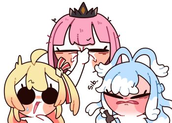 252_eyo 3girls blonde_hair blue_hair blush blush_stickers breasts chibi chibi_only commentary english_commentary glass_bottle highres hololive hololive_dev_is hololive_english hololive_indonesia kobo_kanaeru long_hair mori_calliope multiple_girls otonose_kanade pink_hair simple_background virtual_youtuber white_background