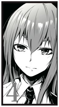 1girl absurdres border commentary_request dress_shirt greyscale hair_between_eyes hair_over_one_eye highres lab_coat long_hair looking_ahead makise_kurisu makise_kurisu_(amadeus) monochrome necktie science_adventure shirt solo steins;gate steins;gate_0 yakku