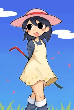 1girl :d andou_natsumi arms_behind_back black_eyes black_hair blue_sky blush boots cloud commentary crowbar day dress empty_eyes english_commentary grass hat kvohmz8zs972itj looking_at_viewer natsumi_step! open_mouth outdoors petals sky slit_pupils smile solo walking
