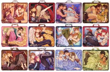 6+boys 6+girls abu_(aladdin) aladdin_(disney) aladdin_(movie) anna_(frozen) ariel_(disney) aurora_(disney) beast_(disney) beauty_and_the_beast_(disney) belle_(disney) black_hair blonde_hair blue_eyes box brown_hair chinese_clothes cinderella_(disney_character) cinderella_(disney_movie) couple dark-skinned_female dark-skinned_male dark_skin disney dress eric_(disney) fa_mulan_(disney) flower frozen_(disney) hanfu hercules_(disney) hetero highres in_box in_container jane_porter jasmine_(disney) long_hair makeup megara_(disney) mizala mulan_(movie) multiple_boys multiple_girls ponytail prince prince_adam_(disney) prince_charming_(disney) prince_naveen purple_eyes rapunzel_(disney) sebastian_(disney) sleeping_beauty_(disney) smile stuck_in_a_box suitcase tangled tarzan_(disney_character) tarzan_(disney_movie) the_little_mermaid_(disney) the_princess_and_the_frog_(disney) tiana_(the_princess_and_the_frog) very_long_hair walt_disney&#039;s_peter_pan wendy_darling