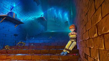 1girl absurdres benii21 blue_eyes blue_footwear bone book bookshelf bound highres indoors mechanic_(terraria) orange_eyes orange_hair overalls signature sitting skeleton skull solo stairs terraria tied_up_(nonsexual) torch wide_shot yellow_overalls