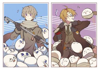 &gt;_&lt; 2boys :3 @_@ ^^^ ahoge america_(hetalia) anger_vein axis_powers_hetalia black_gloves blob blonde_hair brown_hair brown_jacket chinese_commentary closed_mouth coat collared_shirt commentary_request cup drink flying_sweatdrops fur-trimmed_jacket fur_trim glasses gloves green_necktie grey_coat grey_scarf grey_shirt henohenomoheji highres holding holding_cup holding_lead_pipe jacket lead_pipe male_focus multiple_boys necktie open_clothes open_jacket open_mouth russia_(hetalia) scarf shirt short_hair smile squeezing sweat yuezhuanlang