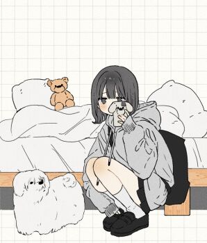 1girl artist_self-insert backpack bag bed black_bag black_eyes black_hair black_shoes black_skirt breasts cellphone commentary_request dog grey_hoodie grid_background highres holding holding_phone hood hood_down hoodie loafers long_sleeves looking_at_viewer maple_(abc2215) medium_breasts miniskirt mirror_selfie original phone pillow selfie shoes skirt sleeves_past_wrists smartphone socks solo squatting stuffed_animal stuffed_toy teddy_bear white_background white_socks