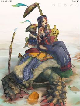 Rule 34 | arzuros, bandaged head, bandages, bear, black hair, bleeding, blood, blood from forehead, blood from mouth, blood on arm, blood on clothes, blood on face, bruise, cuts, hat, highres, injury, long hair, long sword, malomalobear, monster hunter (character), monster hunter (series), monster hunter rise, player palico, scar, scratches, sleeping, torn clothes