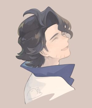 1boy black_hair closed_eyes commentary_request cropped_shoulders hetokaro_(uraheko_sasseyo) high_collar male_focus medium_sideburns nintendo open_mouth parted_hair pokemon pokemon_xy popped_collar professor_sycamore shirt smile solo tongue wavy_hair white_shirt