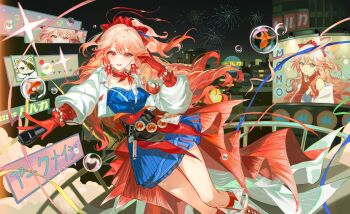 Rule 34 | 1girl, arknights, blue dress, city, city lights, cityscape, coat, commentary, dress, earrings, fireworks, fish, gloves, goldfish, gradient hair, hannhi 1005, haruka (arknights), highres, jewelry, long hair, looking at viewer, multicolored hair, night, open clothes, open coat, red eyes, red hair, short coat, solo, white coat