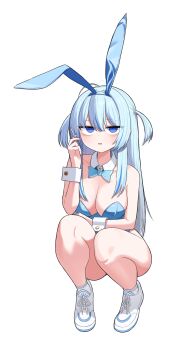 1girl absurdres alternate_costume animal_ears bebetang blue_bow blue_bowtie blue_eyes blue_hair blue_leotard bow bowtie breasts cigarette cleavage collarbone detached_collar fake_animal_ears full_body goddess_of_victory:_nikke highres holding holding_cigarette jitome leotard long_hair looking_at_viewer medium_breasts open_mouth playboy_bunny rabbit_ears shifty_(nikke) shoes simple_background sneakers solo squatting strapless strapless_leotard two_side_up white_background white_shoes wrist_cuffs