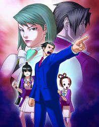 Rule 34 | &gt;:(, 2boys, 3girls, :o, :|, absurdres, ace attorney, angry, aqua eyes, aqua hair, archived source, ascot, back-to-back, bead necklace, beads, black eyes, black hair, bow, bracelet, breasts, brooch, brown hair, business suit, buttons, clenched hand, closed mouth, collared shirt, cousins, earrings, edaki shin&#039;ya, flat chest, formal, franziska von karma, frown, gem, grey hair, hair ornament, hair rings, half updo, highres, japanese clothes, jewelry, kimono, legs apart, lipstick, long hair, long sleeves, looking down, looking to the side, low-tied long hair, magatama, makeup, maya fey, miles edgeworth, mole, mole under eye, multiple boys, multiple girls, necklace, necktie, obi, official art, open clothes, outline, outstretched arm, pants, pearl fey, phoenix wright, pocket, pointing, profile, puffy sleeves, sash, scan, shirt, shirt tug, short hair, short kimono, shouting, sidelocks, small breasts, spiked hair, standing, suit, surprised, swept bangs, topknot, v-shaped eyebrows, very long hair, vest