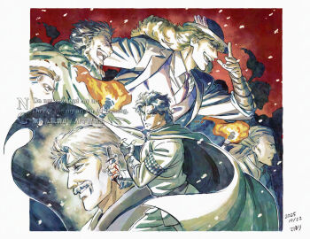 Rule 34 | 6+boys, adjusting clothes, adjusting headwear, armband, beard, black coat, blonde hair, blue hair, blue hat, blue vest, cape, character request, cigar, cloak, coat, dated, facial hair, father and son, fire, george joestar, gloves, green cloak, grey hair, hat, holding, holding knife, jacket, jojo no kimyou na bouken, jonathan joestar, knife, long hair, male focus, mature male, multiple boys, mustache, necktie, old, old man, open mouth, phantom blood, profile, purple necktie, robert e. o. speedwagon, scar, scar on face, shirt, short hair, smile, sword, torch, under under 01, vest, weapon