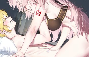Rule 34 | 1boy, blonde hair, bra, door, girl on top, hetero, highres, kagamine len, kagamine rin, megurine luka, nako nko, non-web source, peeking out, pillow, pink hair, source request, tagme, underwear, vocaloid