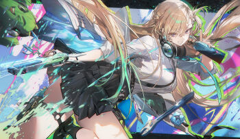 1girl ame_jang black_nails black_skirt blonde_hair blue_eyes breasts can charm_(object) chinese_commentary clang_bang_(wuthering_waves) commentary_request fingernails graffiti grin hair_ornament headphones headphones_around_neck highres holding holding_can long_hair looking_at_viewer lynae_(wuthering_waves) medium_breasts nail_polish shirt shirt_tucked_in skirt skull_hair_ornament smile solo spray_can v white_shirt wuthering_waves