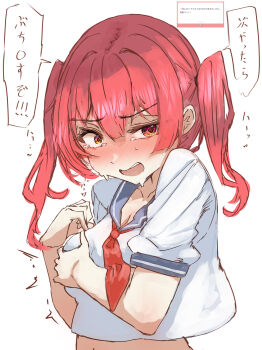 1girl absurdres blue_sailor_collar blush breasts cleavage cropped_shirt grabbing_own_breast heterochromia highres hololive houshou_marine long_hair looking_at_viewer medium_breasts neckerchief open_mouth red_eyes red_neckerchief sailor_collar school_uniform shirt solo tazrn1 teeth twintails upper_teeth_only virtual_youtuber white_background white_shirt yellow_eyes