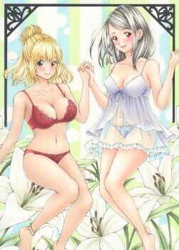 2girls absurdres anklet babydoll blush bra breasts closed_mouth collarbone commentary_request earrings flower green_eyes grey_hair hair_bun half_updo hand_up hands_up highres holding_hands interlocked_fingers jewelry large_breasts lily_(flower) lingerie looking_at_viewer marker_(medium) medium_hair midori_(mira567) multiple_girls navel open_mouth original panties purple_panties red_bra red_eyes red_panties see-through_clothes side-tie_panties smile stomach stud_earrings traditional_media underwear underwear_only white_babydoll white_flower
