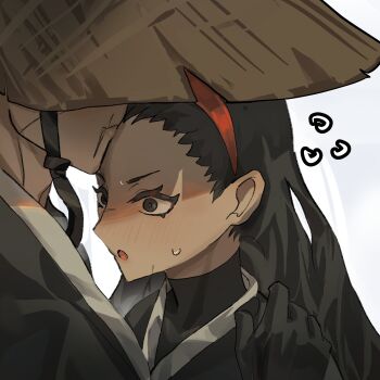 1boy 1girl :o aeng-du_(project_moon) bamboo-hatted_kim black_coat black_eyes black_hair black_shirt blush coat commentary covered_eyes hairband hat hetero highres jingasa kiss kissing_forehead limbus_company long_hair project_moon shirt shoggoth_(sirens20211) sweatdrop torn_clothes torn_hat turtleneck turtleneck_shirt upper_body white_background white_trim