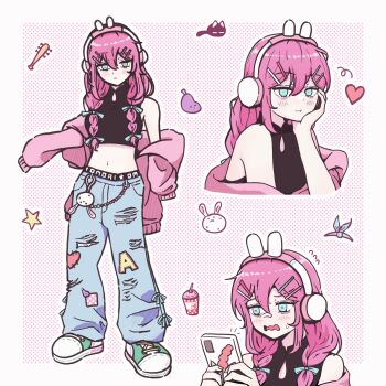 Rule 34 | 1girl, absurdres, animal ear headphones, animal ears, aubrey (birthday) (omori), aubrey (faraway) (omori), aubrey (omori), blue bow, blue eyes, blue pants, blush, bow, braid, cardigan, cellphone, character charm, charm (object), closed mouth, crop top, denim, double-parted bangs, fake animal ears, flying sweatdrops, forest bunny? (omori), forest bunny (omori), hair between eyes, hair bow, hair ornament, hairclip, headphones, highres, holding, holding phone, jeans, long hair, long sleeves, low twin braids, mr. plantegg (omori), navel, official alternate costume, omori, open cardigan, open clothes, open mouth, pants, parallel hairclips, phone, pink cardigan, pink hair, rabbit ear headphones, rabbit ears, realistic theme4962, shoes, sidelocks, smartphone, sneakers, solo, twin braids