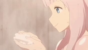 1girl animated animated_gif between_breasts blue_eyes bouncing_breasts breasts censored censored_nipples convenient_censoring fujiwara_chika kaguya-sama_wa_kokurasetai_~tensai-tachi_no_renai_zunousen~ nude object_between_breasts pink_hair screencap soap solo standing steam steam_censor wet