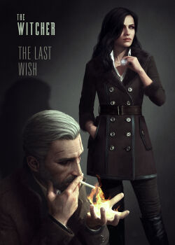 1boy 1girl astor_alexander beard black_hair brown_eyes cigarette contemporary copyright_name cover facial_hair fake_cover film_noir fire geralt_of_rivia hair_over_one_eye hand_in_pocket highres jewelry lips long_coat long_hair magic manly mole mole_under_mouth necklace pendant pyrokinesis realistic scar scar_across_eye scar_on_face smoking the_witcher_(series) the_witcher_3 white_hair yennefer_of_vengerberg