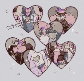 Rule 34 | 1girl, 6+boys, anchor ornament, armor, battle tendency, black hair, blue overalls, boots, braid, chain, chu to hmps, cleavage cutout, clothing cutout, commentary, crop top, diamond wa kudakenai, english commentary, family, gakuran, giorno giovanna, giorno giovanna's pose, heart ornament, higashikata josuke, higashikata josuke (jojolion), high heel boots, high heels, highres, hood, hood down, hood up, hooded overalls, hoodie, jodio joestar, jodio joestar's pose, johnny joestar, jojo no kimyou na bouken, jojo pose, jojolion, jonathan joestar, joseph joestar, kuujou jolyne, kuujou joutarou, long bangs, long coat, long hair, male focus, midriff, multiple boys, overalls, phantom blood, sailor, sailor collar, scarf, school uniform, shirt, shoulder armor, sleeveless, sleeveless shirt, sparkle, stardust crusaders, steel ball run, stone ocean, striped clothes, striped scarf, the jojolands, time paradox, turtleneck, vento aureo, white hoodie, wing ornament, zipper