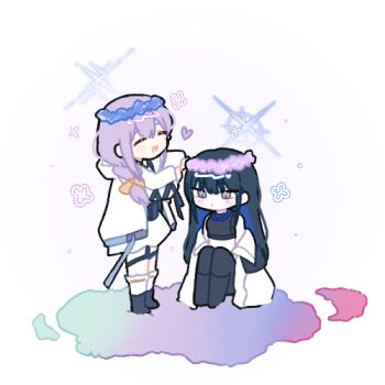 2girls atsuko_(blue_archive) black_hair black_pants blue_archive blue_hair blue_halo braid chibi closed_eyes closed_mouth colored_inner_hair commentary_request flower_ring hair_ornament halo jacket korean_commentary long_hair lowres multicolored_hair multiple_girls open_mouth pants purple_hair ruria03 saori_(blue_archive) simple_background twin_braids two-tone_hair white_background white_halo white_jacket
