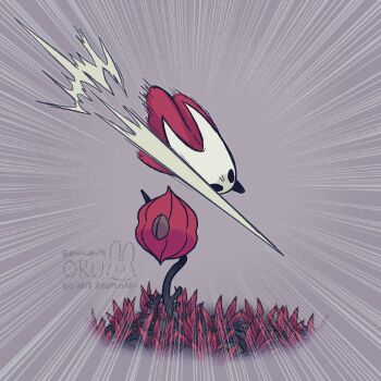 Rule 34 | 1girl, arthropod girl, black eyes, black skin, blank eyes, cloak, colored skin, commentary, english commentary, failure, flower, full body, gameplay ability, gameplay mechanics, highres, holding, holding weapon, hollow eyes, hollow knight, hollow knight: silksong, horned mask, hornet (hollow knight), horns, mask, motion lines, needle (hollow knight), oru (0ruru 0ru95), red cloak, solo, spikes, truth, twitter username, weapon