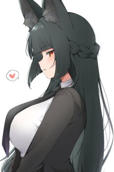 alternate_breast_size_(larger) alternate_costume animal_ear_fluff animal_ears black_jacket black_necktie blush braid breasts brown_eyes collar collared_shirt commentary f7k_x5 fox_ears fox_girl green_hair heart highres hoshimi_miyabi huge_breasts jacket long_sleeves looking_at_viewer necktie open_clothes open_jacket shirt sidelocks simple_background speech_bubble thought_bubble upper_body white_background white_collar white_shirt zenless_zone_zero