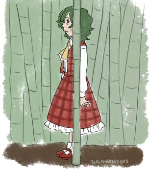 Rule 34 | artist name, ascot, bamboo, frilled skirt, frills, green hair, hiding, highres, kazami yuuka, nervous sweating, plaid clothes, plaid skirt, plaid vest, red eyes, red shoes, red skirt, shirt, shoes, short hair, skirt, sleepingterr0rs, socks, sweat, sweatdrop, touhou, vest, white shirt, white socks, yellow ascot
