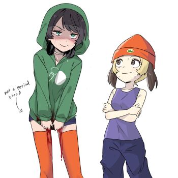 2girls black_hair bleeding blonde_hair blood blush brown_eyes brown_hair crying crying_with_eyes_open daffy_duck denim english_text genderswap genderswap_(mtf) green_eyes highres himuhino hood hoodie humanization jeans meme multiple_girls pants parappa parappa_the_rapper shorts tank_top tears thighhighs twintails woollen_cap