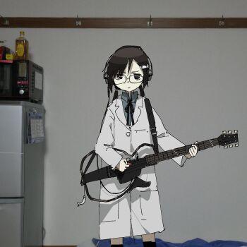 1girl artist_self-insert black_hair glasses guitar headphones highres instrument kneehighs lab_coat shimeji_simulation socks tsukishima_mina tsukumizu_yuu